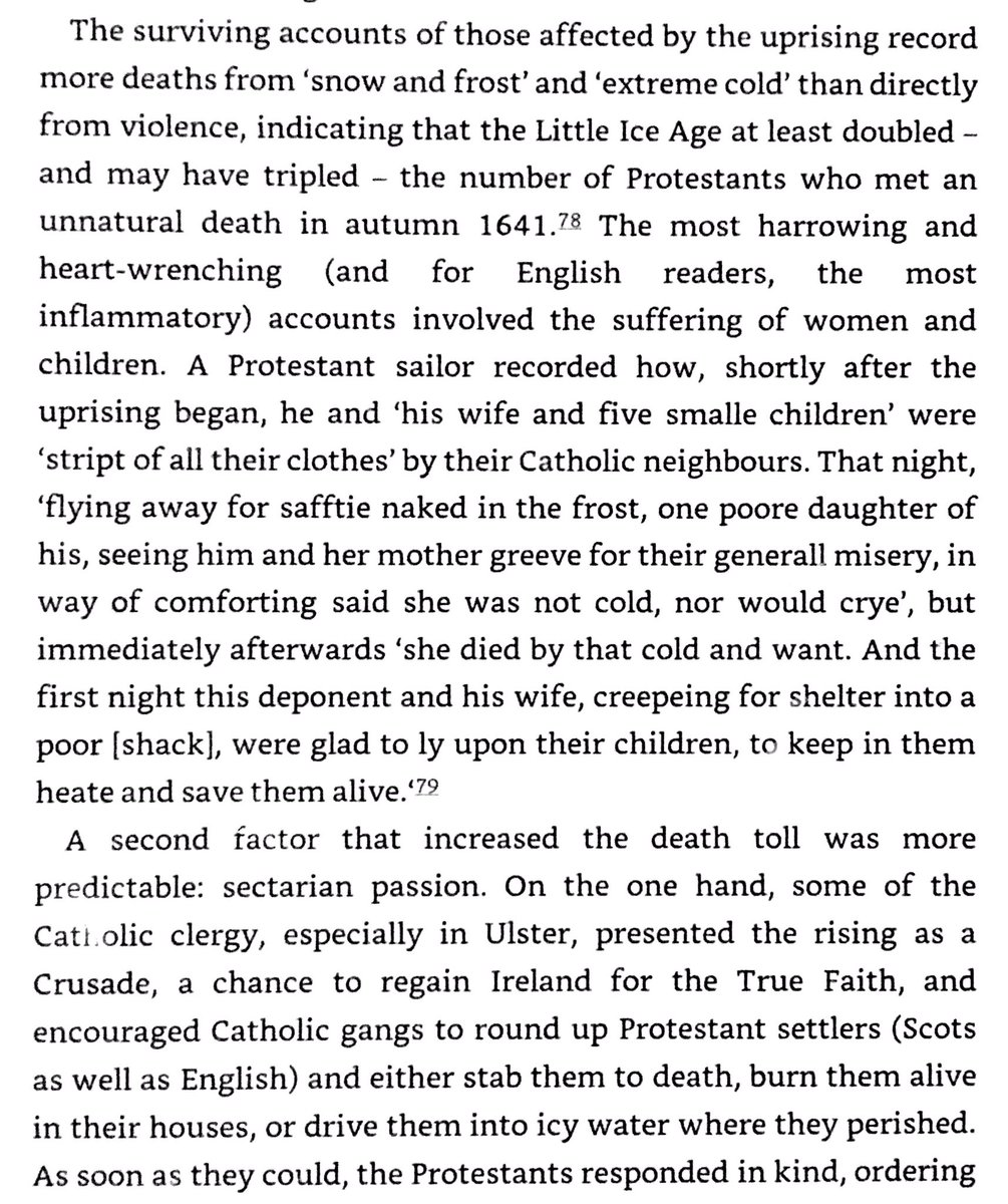 Bad weather ruined Irish harvest 1639-1641. Irish Catholics had hints that Charles I would support their rebellion, & rose against Protestants after the Protestants stripped them of representation. Perhaps 10,000 died in the resulting sectarian clashes.