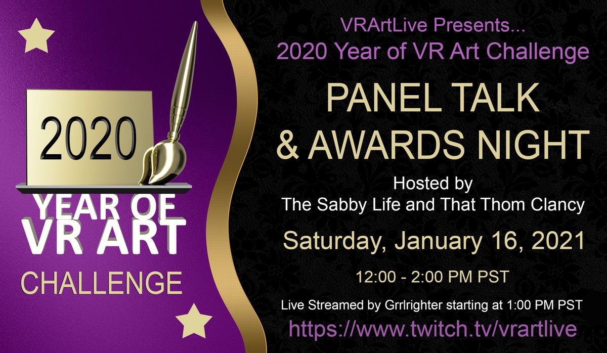 VRArtLive's tweet photo. Cheer on the artists of #YearOfVRArt who met their creative goals in 2020! Awards &amp; interviews will be streamed on Twitch from our #VRStudio Jan 16th @ 1p PST. 
https://t.co/0F3FaHTkqi https://t.co/hsnSPRQxGX