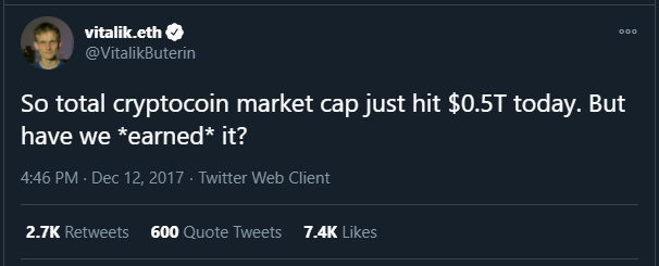 "But have we *earned* it?"Vitalik famously posed this question in late 2017, when the crypto market cap first reached $500 billion.We're past $1 trillion now. Let's see what has changed in crypto, especially in Ethereum and DeFi, since then.A thread. 