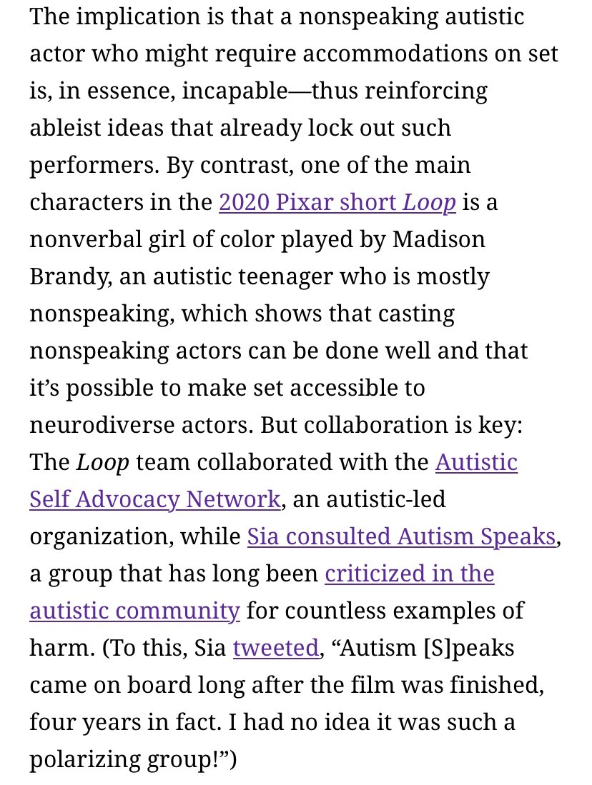 sia consulted autism speaks, a group that has been criticized for causing harm. the article with this information can be found here:  https://www.bitchmedia.org/article/sia-film-music-ableism-autistic-representation-film. this short features pixar’s first non-verbal character of color and is available to stream on disney + (3/5)