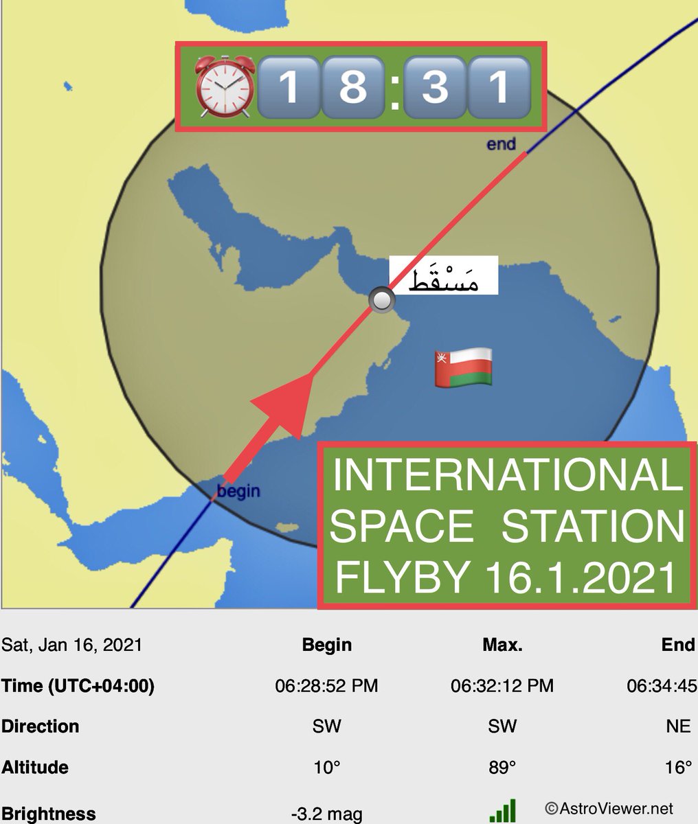 IgnazioMagnani's tweet image. 🇴🇲 صَبَاحُ الخَيْرِ Muscat !
The International Space Station will be visible today to the naked eye (if clouds allow) at 6:31 pm
  .
    📲:
       set your alarm
              take a photo
  .
👨‍🚀 64 spacefacts.de/english/e_toda…
📷 NASA worldview.earthdata.nasa.gov/?v=36.85592372…)
