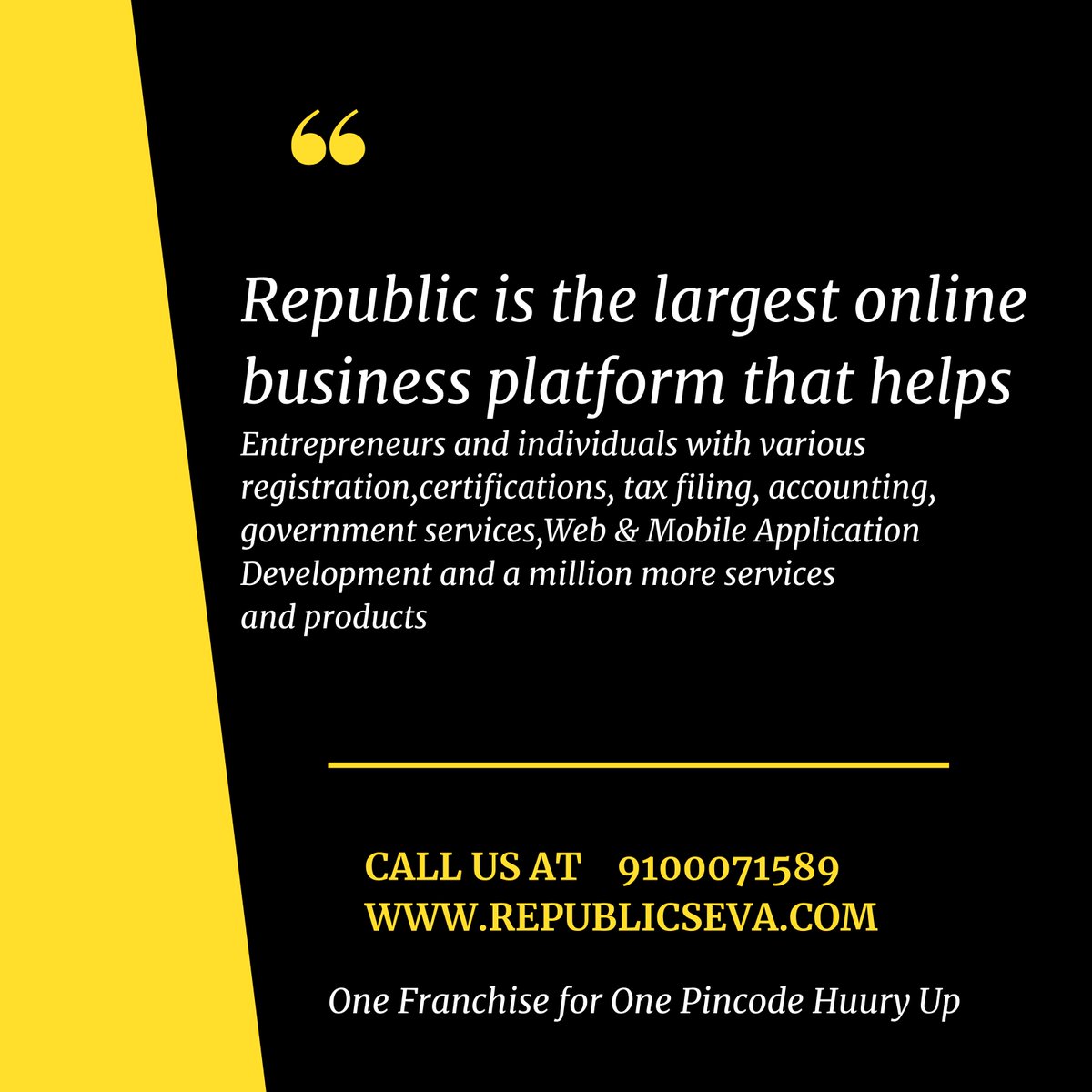 Kick start your dream, To launch your own Business,
Become a Republic Partner today
Earn like a Pro,
Come Join Republic and Become a Republic Partner Today Enquire Now  9100071589
Sign Up; republicseva.com
#BestBusinessOpportunity #OwnFranchise #Republicseva