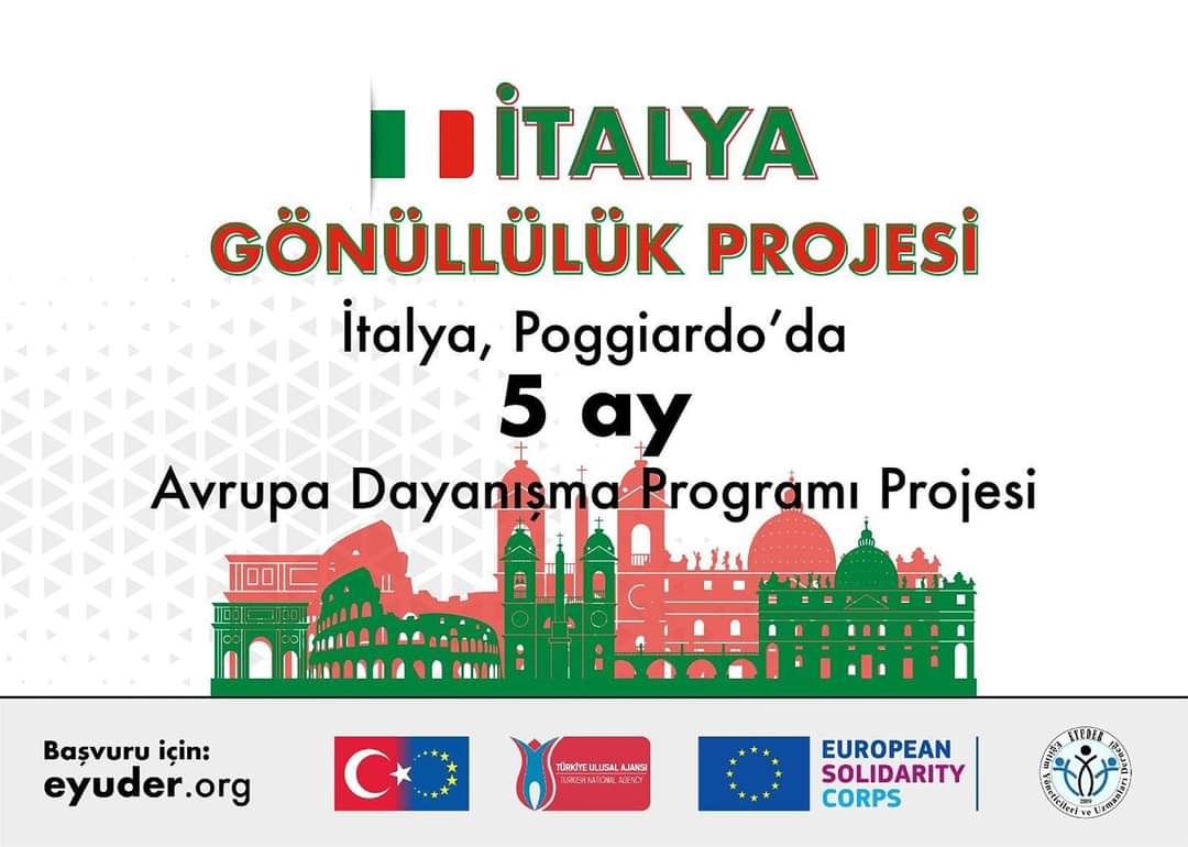 İtalya Uzun Dönem Gönüllülük Projesi Katılımcı Çağrısı  
Faaliyet Şehri ve Ülkesi : Poggiardo İtalya 
Faaliyet Süresi: 5 ay
Faaliyet Tarihleri: Haziran -Aralık 2021 tarihleri arası
Gönüllü Sayısı: 2
Başvuru İçin Detaylı Bilgi : eyuder.org

<a href="/ademcilek/">Adem ÇİLEK</a> <a href="/ulusalajans/">Türkiye Ulusal Ajansı 🇹🇷 Turkish NA</a>