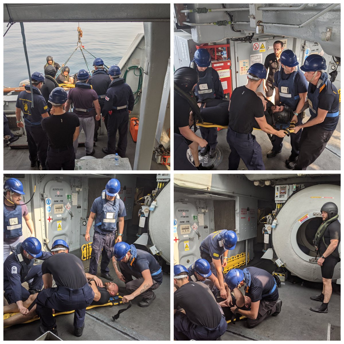 HMSChiddingfold's tweet image. The dive team are one of the main weapon systems onboard and are highly trained. However, we always practice for worst-case scenarios
Here we are training for a diving emergency at sea which involved the entire Ship's Company
@RoyalNavy  
@UKMCC_Bahrain
#BombFrog 
#FightingAces