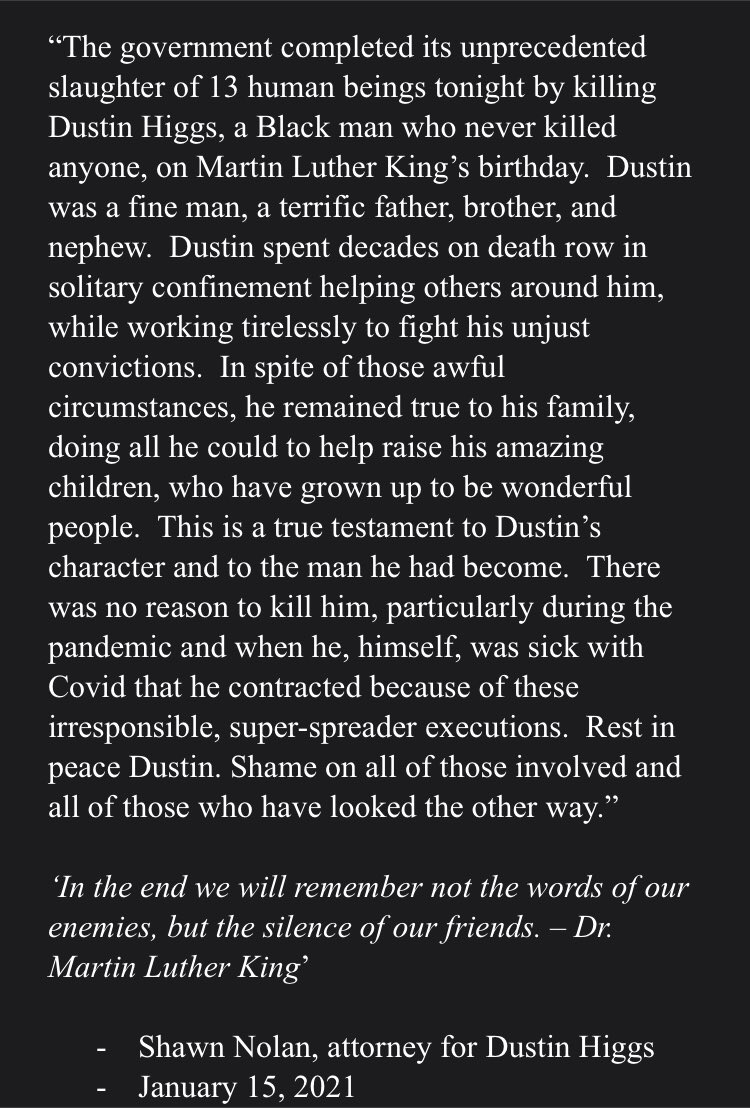 keribla's tweet image. “Shame on all of those involved and all of those who have looked the other way.”

Statement from #DustinHiggs attorney following his execution: