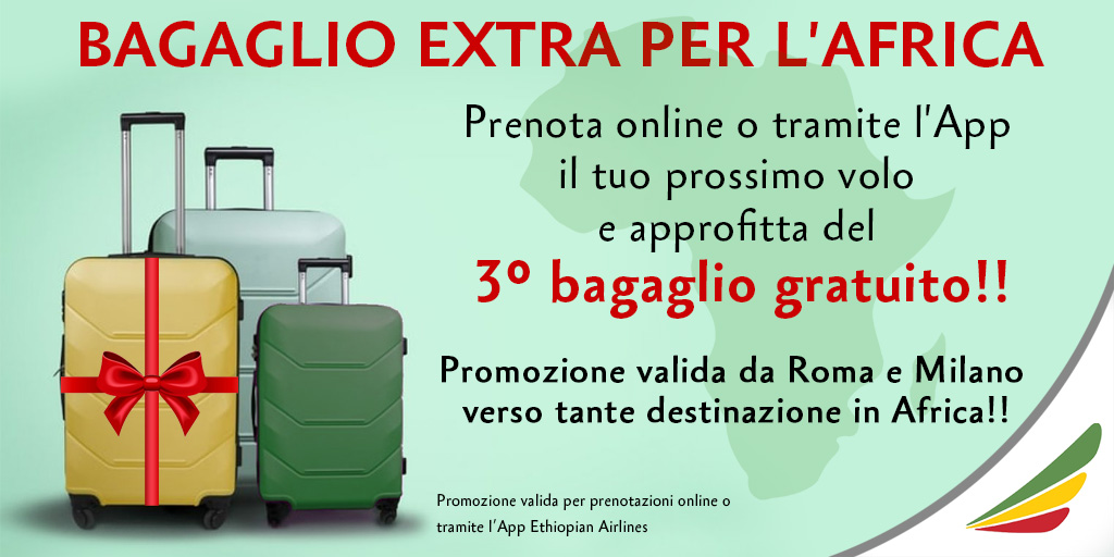 EthiopianItaly's tweet image. Che sia per tornare a casa, o per scoprire posti nuovi, @flyethiopian vi offre un bagaglio extra gratuito per l'#Africa! 😮🧳
Prenota online o tramite l'App il tuo prossimo volo e approfitta del 3° bagaglio gratuito!🌍💚
&amp;gt;&amp;gt;&amp;gt; bit.ly/3subsXb

#FlyEthiopian