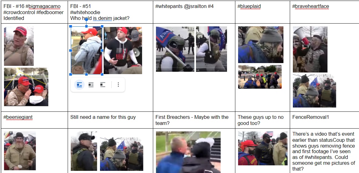  #breachteam6 - Key players, (pls help identify others).  #bigmagacamo  #fedboomer  #crowdcontrol (commander)  #whitehoodie  #whitepantsguy  @jsrailton #4)  #blueplaid  #beeniegiant feel free to name others. Who took white hoodies coat at first gate?  srcvidsindsc