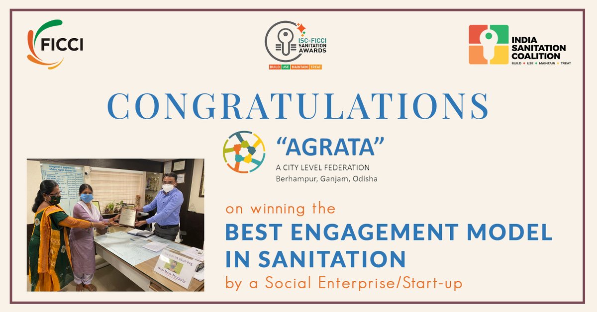 indsancoalition's tweet photo. AGRATA team has won the well-deserved award for 'Best Engagement Model in Sanitation by a Social Enterprise/Start-up. We wish them luck in their future endeavors in the upliftment of the sanitation sector for the nation. #ISCConclave2020 #ISC #Winners https://t.co/EwWQD72nC9