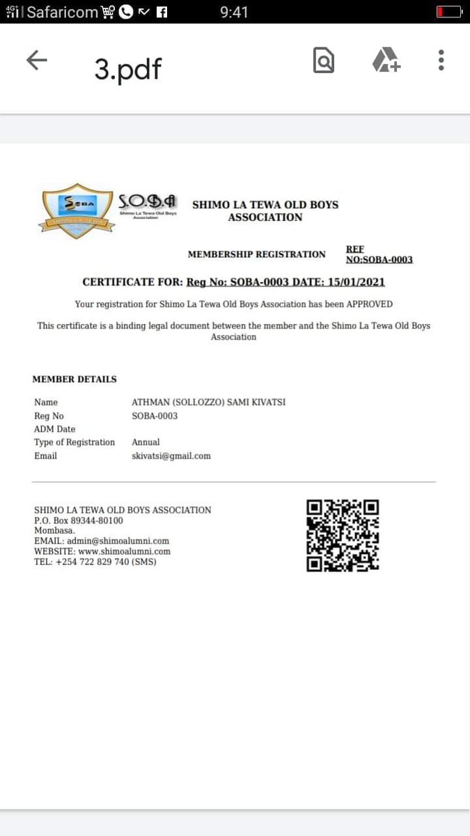 Our SOBA Official Membership Electronic Registration will go live on Monday 18th January 2021. Attached is my Membership / Registration certificate which I acquired today through a live test. I am officially a SOBA 0003 MEMBER as seen. Annual registration fee will be Kes.1000/-.