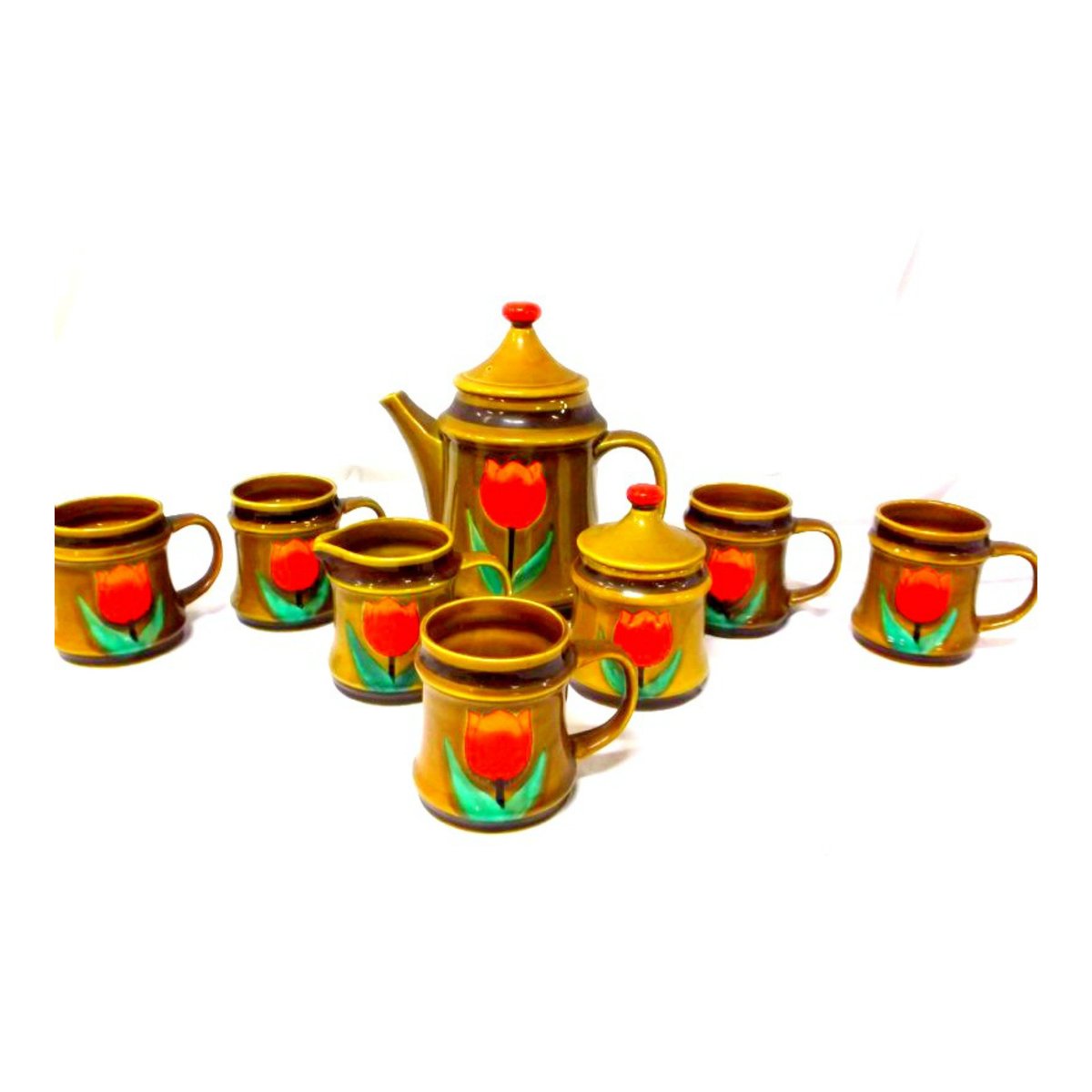JunkYardBlonde's tweet photo. Mid Century Japanese Tulip Pottery Pitcher Tea Set by Trimont Ware 1960s https://t.co/ksXmq9VmBe #JunkYardBlonde #Gotvintage #Etsysellsvintage #ChocolateSet https://t.co/jomZdcSK52