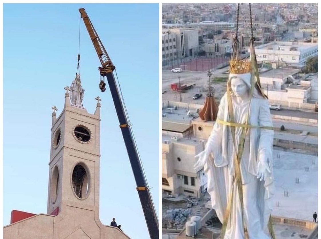 UgonnaMario's tweet photo. A statue of Our Lady has been placed on the top of a church in qaraqosh, the place which was under the control of Islamic State. https://t.co/V3xF1Fx3vz