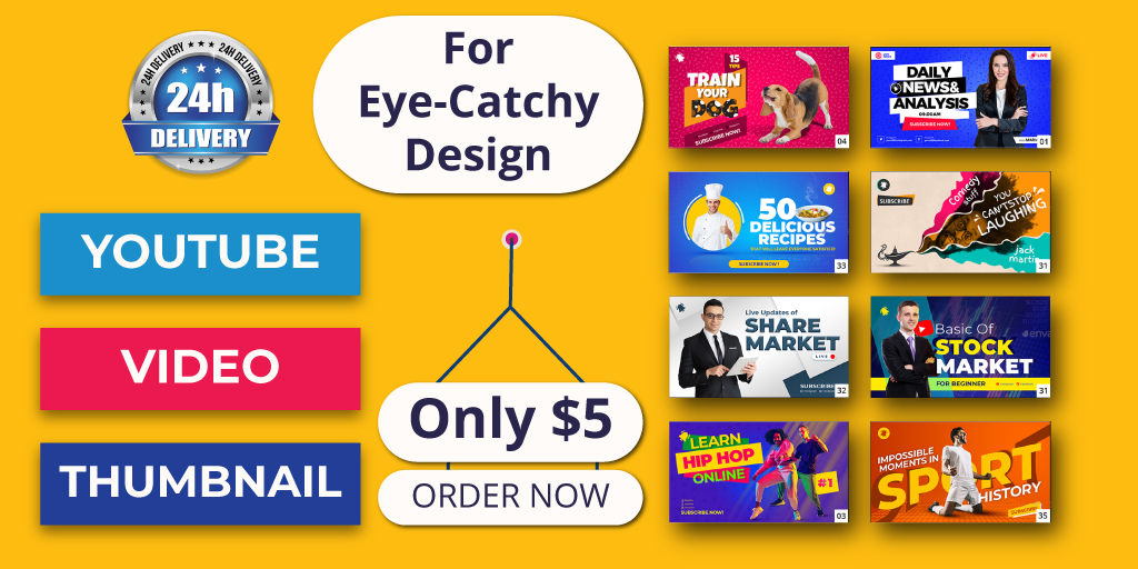 Are you looking #Youtubethumbnail #VideoThumbnail #CustomThumbnail #CatchyThumbnail Design? then you are right place now. I will design eye-caatchy clickable thumbnail for your youtube video. place ORDER NOW in my fiver gig fiverr.com/share/RBEm8R 

#GraphicDesign #Ads #thumbnail