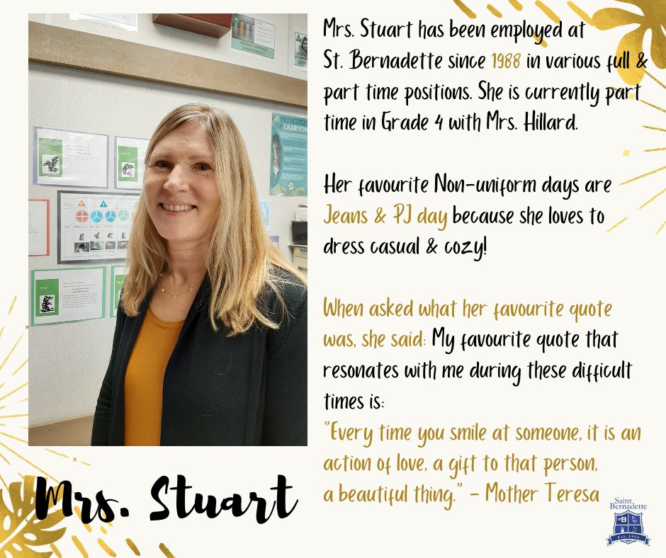 Let's get to know our St. Bee staff series:
Say hello to our Grade 4 teacher: Mrs. Stuart

#staffappreciationpost #educators #leadership #stbeestaff
#stbeestingers #stbee #teachers #leaders #family