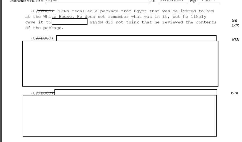 Flynn got a package from Egypt when he was still working at the White House. He told the FBI he didn't remember what was in it and, apparently, "he did not review the contents of the package."Passages of the FBI intv summary that follow are redacted due to ongoing investigation