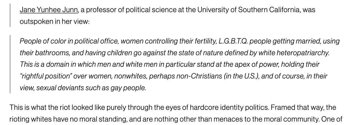 Back to Dreher. Having said we need to see IS before saying OUGHT (or not), he backpedals. Here is a professor of poli-sci stating an IS. To an extent the riot is fueled by 'white heteropatriarchy'. Make fun of jargon, by all means, but it's an IS. 12/
