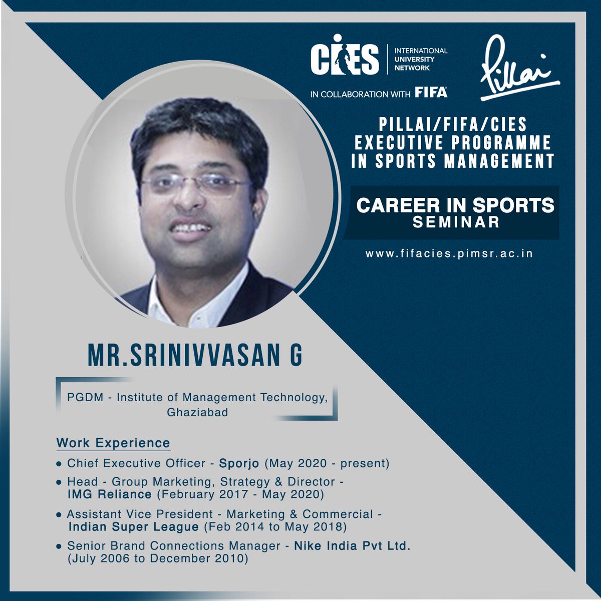 Mr. G Srinivvasan one of the foremost figures in the Indian Sports Industry will be delivering a session on Career in the Sports Industry to the students of our 2nd Edition.
<a href="/sriniravi/">G Srinivvasan</a> 

#fifaciesindia #sportsmanagement #sportsindustry