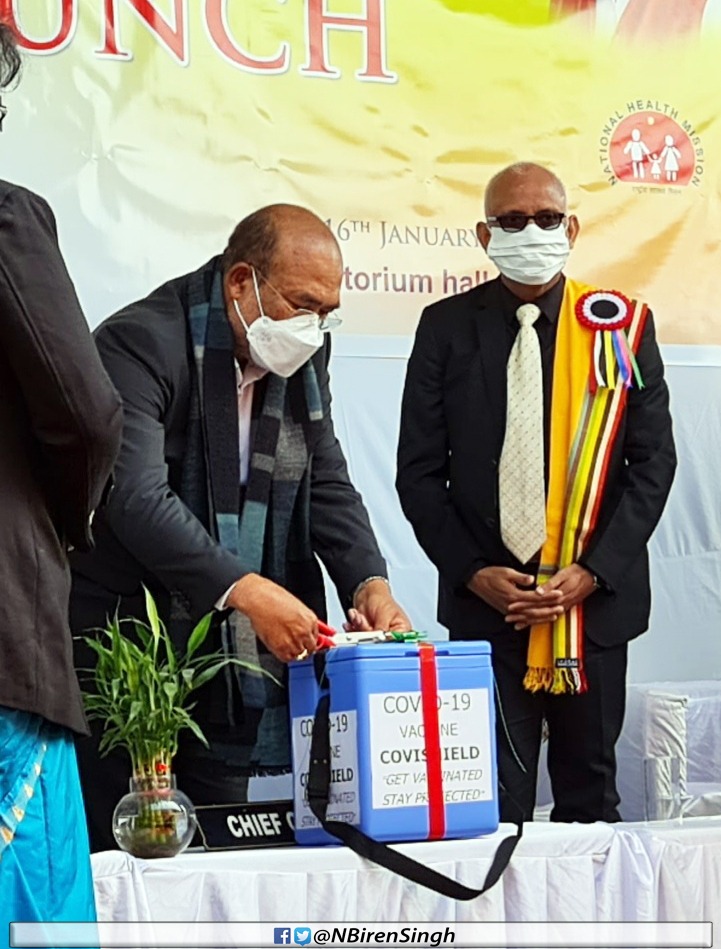 NBirenSingh's tweet photo. Historic #COVID19Vaccination starts in Manipur today.
9617 Healthcare Workers of the State will be vaccinated at 10 selected sites all over the State in the first phase.
Delighted to have attended the launching of COVID-19 vaccination, #ManipurChapter held at JNIMS Auditorium. https://t.co/MrNsdb2Jbr