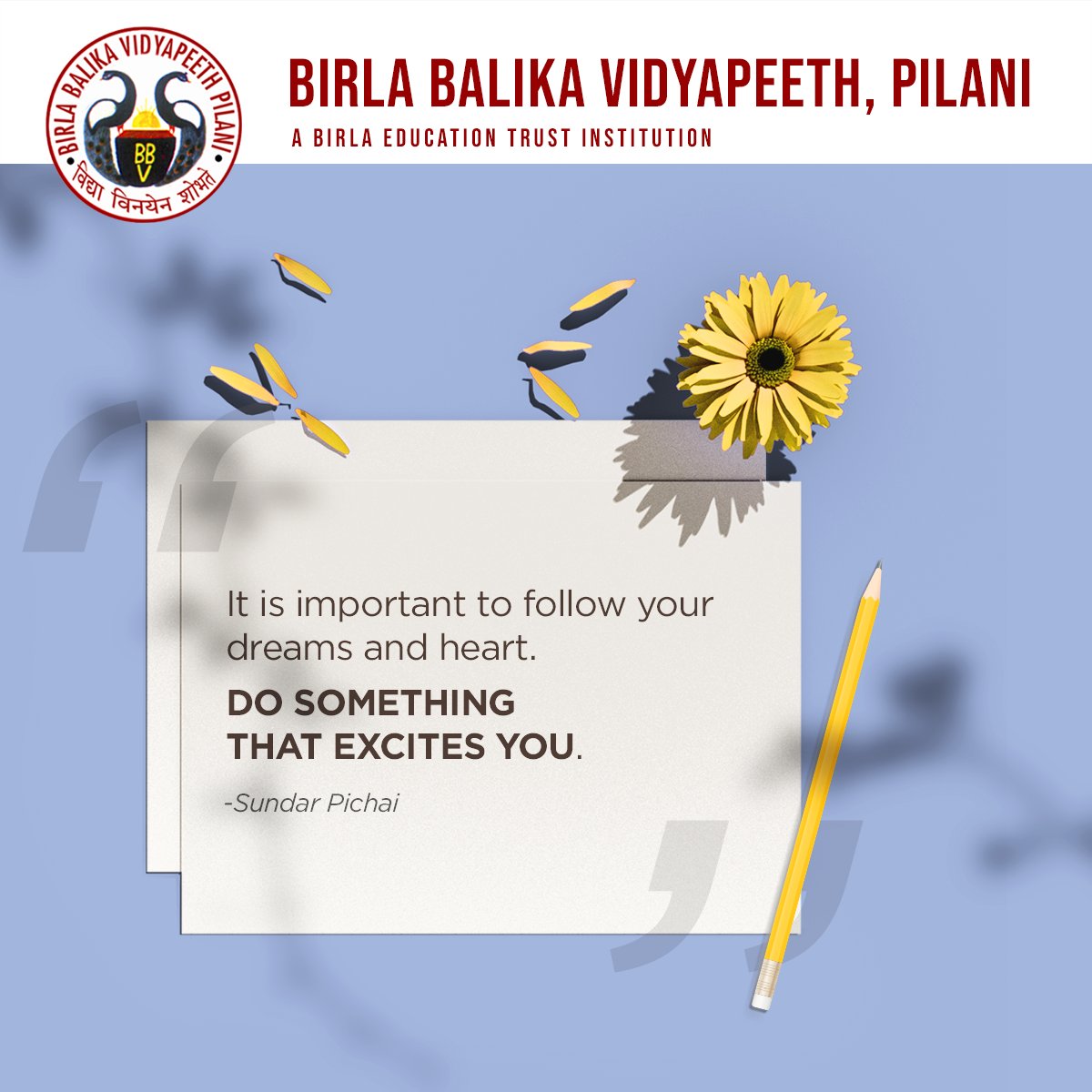 Never give up on you dream just because of the time it will take to accomplish, chase your dream because its only you who can make it happen.

#BBVPilani #BetPilani #BBVP #ThoughtForTheDay #MotivationQuote #InspirationForLife #QuotesForLife