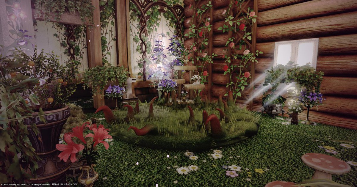 VeryCoconuTea's tweet photo. Friend asked me to decorate their cottage, but it's being demolished soon! D': Theme was "indoor forest."
#FF14 #FF14housing https://t.co/gbB3yneTxS