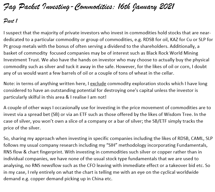 A few Fag-Packet notes sharing my approach to trading commodities that I feel give me an edge. I traded commodities frequently a few years back; occasionally at present. I do fancy we are in maybe the most attractive place since back in 2009 -2011 for some commodities: Part 1