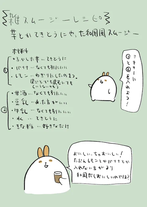 雑な人以外は目眩がしてしまうほどにテキトーなスムージーレシピ。バナナ入れるとしても少なめが良いかなあ…好みだけど! 
