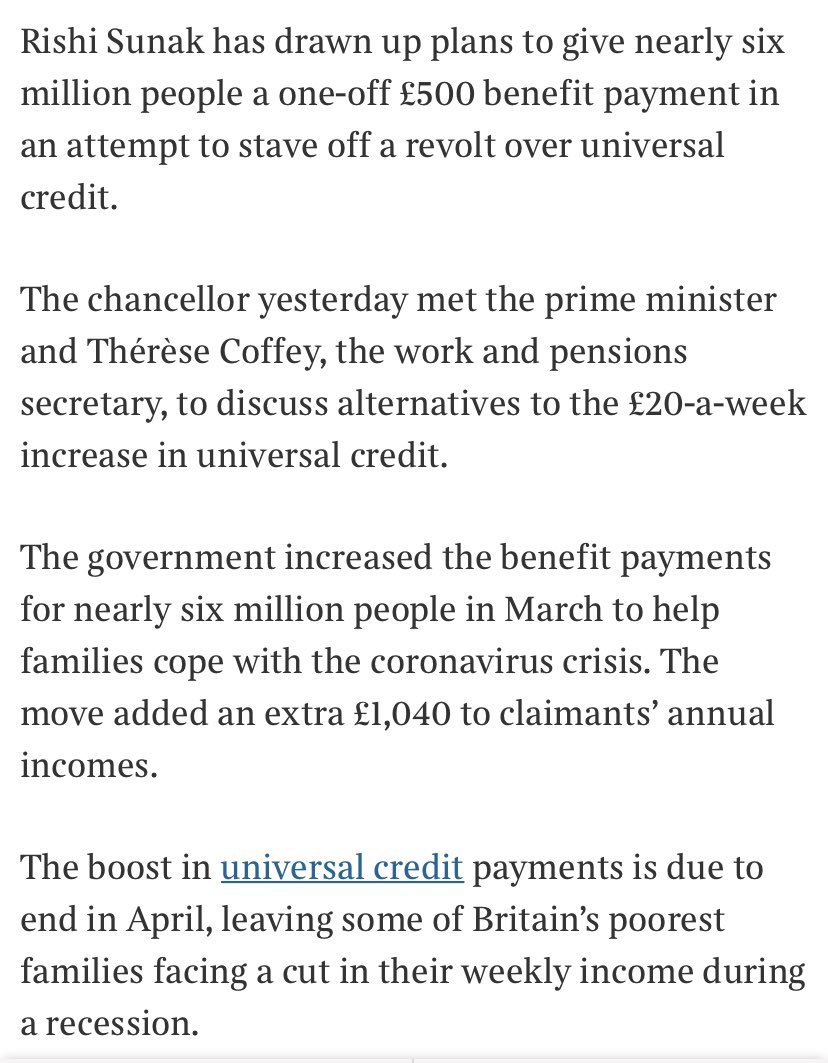 A one off payment to those on Universal Credit to compensate for planned £1000 cut in April is not a good idea for two big reasons  https://www.thetimes.co.uk/edition/news/rishi-sunak-plans-500-gift-for-benefit-claimants-to-avoid-tory-uprising-8qcl6j2pm