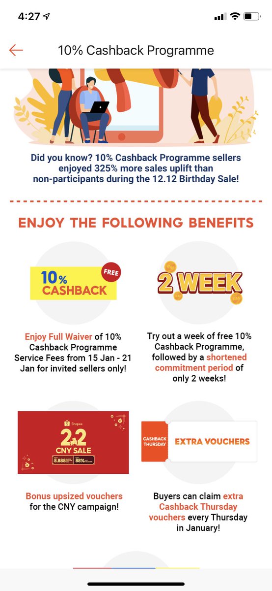 4. Shopee 10% cashback programmekalau korang nak tarik customer korang boleh join ni. customer korang akan dapat cashback lepas purchased item dari shopee korang.tapi, korang juga kena tahu, shopee jugak akan ambik untung korang as komisen sebab guna cashback programme