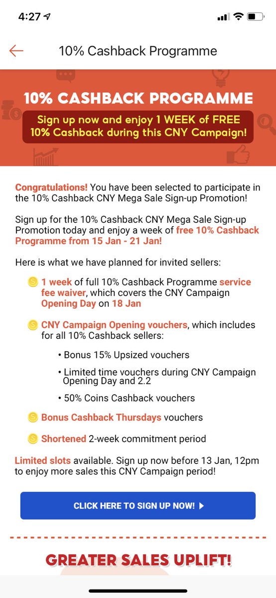 4. Shopee 10% cashback programmekalau korang nak tarik customer korang boleh join ni. customer korang akan dapat cashback lepas purchased item dari shopee korang.tapi, korang juga kena tahu, shopee jugak akan ambik untung korang as komisen sebab guna cashback programme