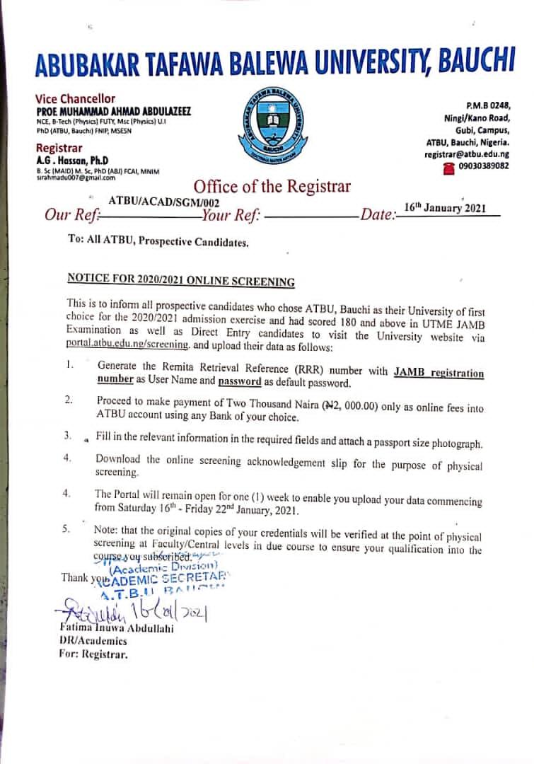 ATBU_Connect's tweet photo. This is to inform all prospective candidates who chose ATBU, Bauchi as their University of first choice for the 2020/2021 admission exercise. Both UTME and DE candidates are to visit the University website via the portal https://t.co/YG98hzejMP and upload their datum. https://t.co/bzxsOXaQMU