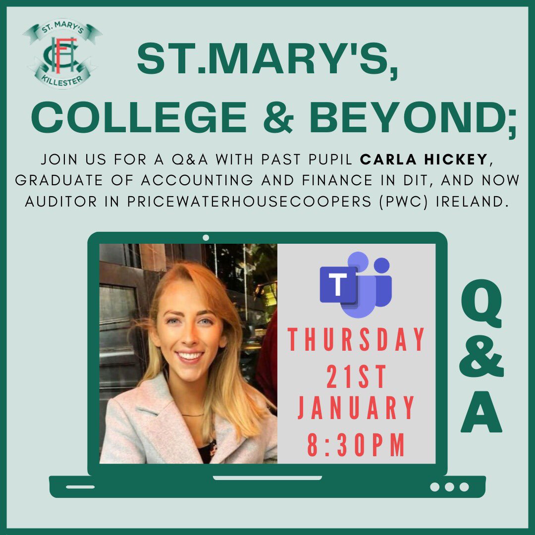 smhfk's tweet photo. 6th Years! We’ll be chatting with @Carlah484 on Thursday evening about her journey from St. Mary’s to DIT and onwards to @PwCIreland . Join us for a Q &amp;  A at 8.30pm on Teams. https://t.co/Z0APyrprxA