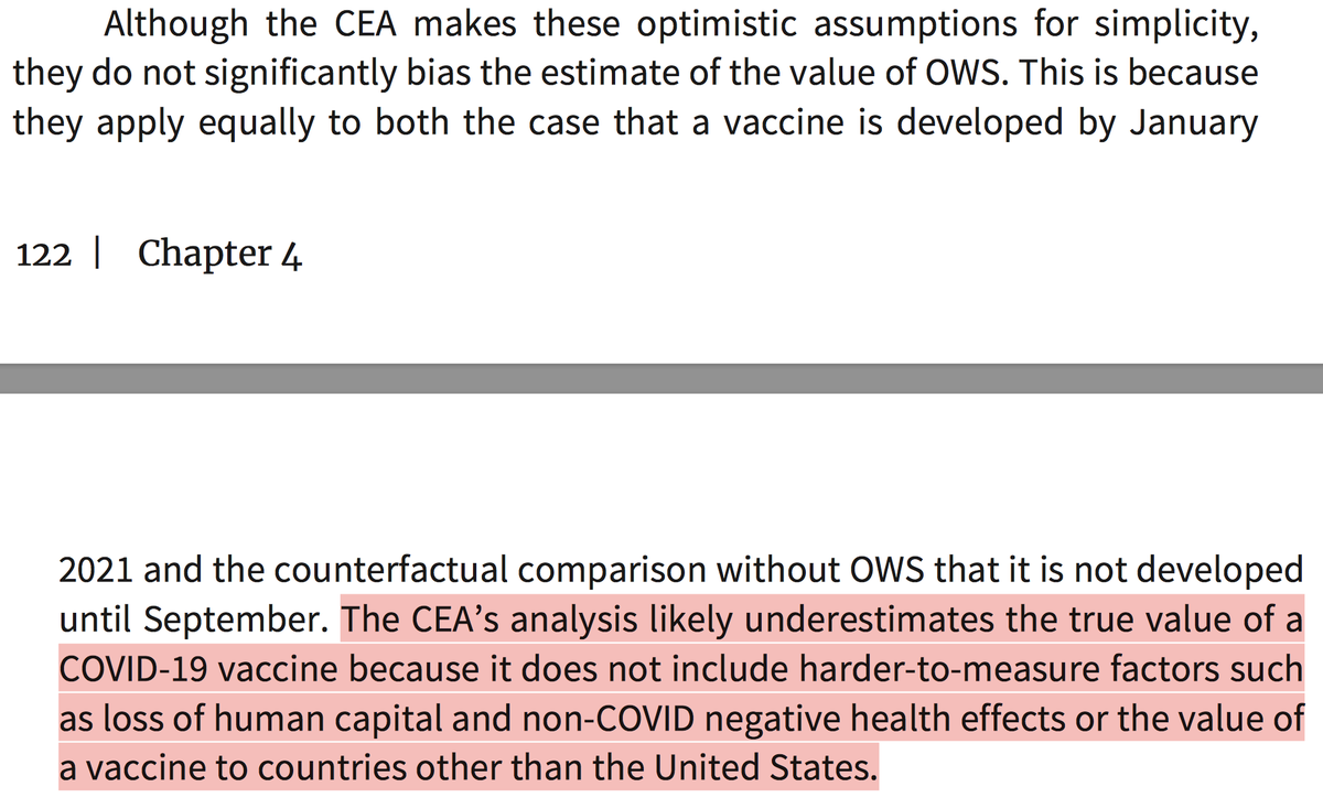 But the WH CEA also argues its analysis likely undervalues the vaccine, because it doesn't include non-COVID health effects, loss of human capital or the value of the vaccines to other countries.