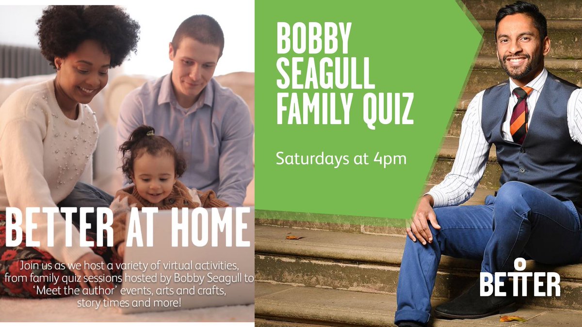 🏠Family at home ⏲️Spare 30 mins? 🤓Like quizzes? I've teamed up with @Better_UK public libraries for #BetterAtHome virtual programme. Join me Saturdays 4pm (inc TODAY) @BromLibraries FB for fun family quiz - general knowledge, books & Seagull charades! facebook.com/BromleyLibrari…