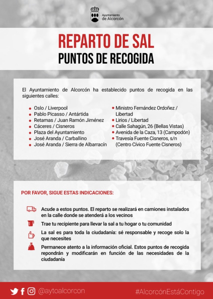 AytoAlcorcon's tweet photo. 👉 Los puntos de recogida de sal siguen operativos en la #Alcorcón

📍Distintos barrios de la ciudad
🙏 Sé responsable, recoge solo la que necesites y mantén la distancia de seguridad para protegerte frente a la #COVIDー19 https://t.co/HZX85EGZTc