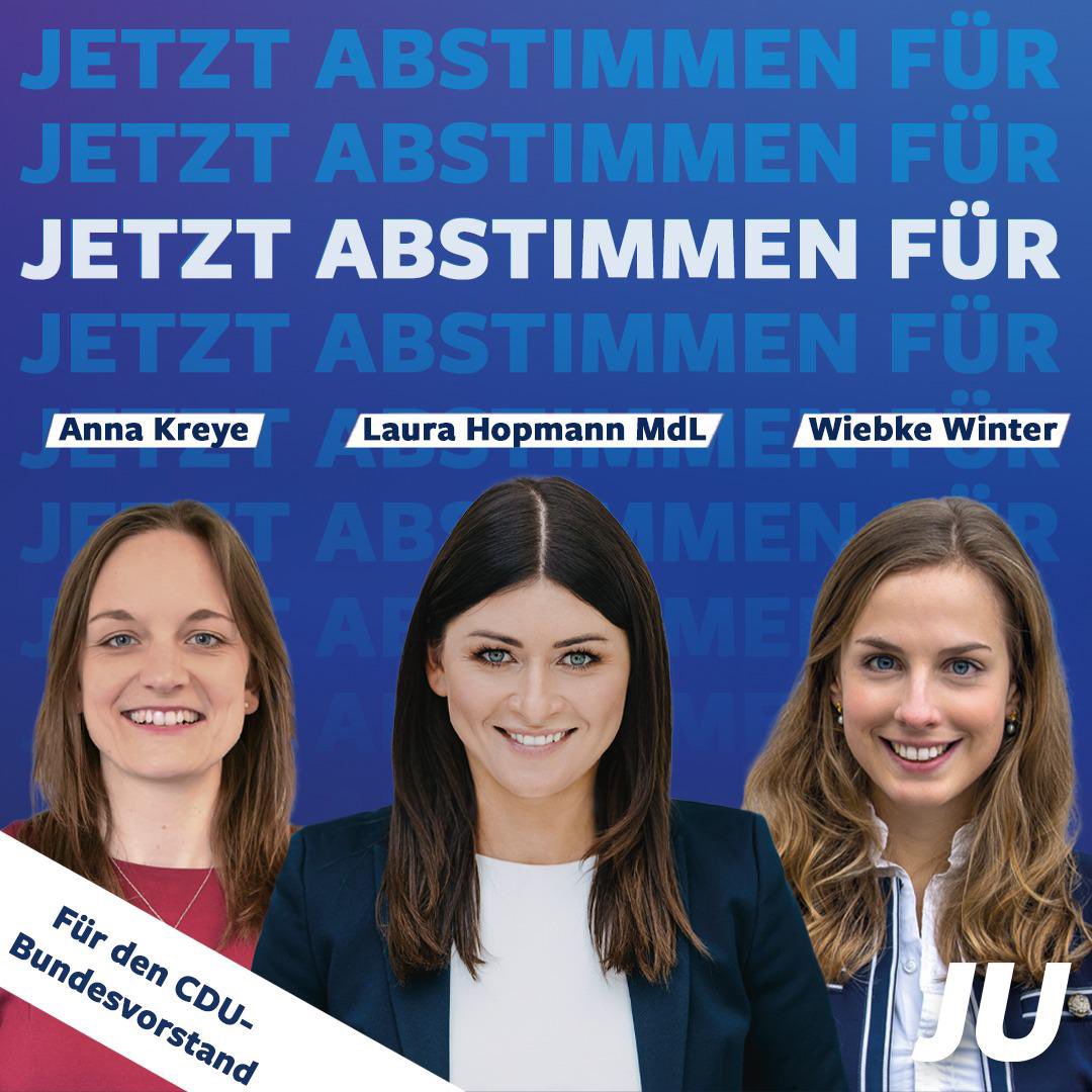Mega stolz auf unsere Mädels von der <a href="/Junge_Union/">Junge Union Deutschlands</a>! #wegenmorgen rocken <a href="/wiebkewinter/">Wiebke Winter</a>, <a href="/laurahopmann/">Laura Hopmann</a> und <a href="/AnnaKreye/">Anna Kreye</a> in der <a href="/CDU/">CDU Deutschlands</a>! #cdubpt21