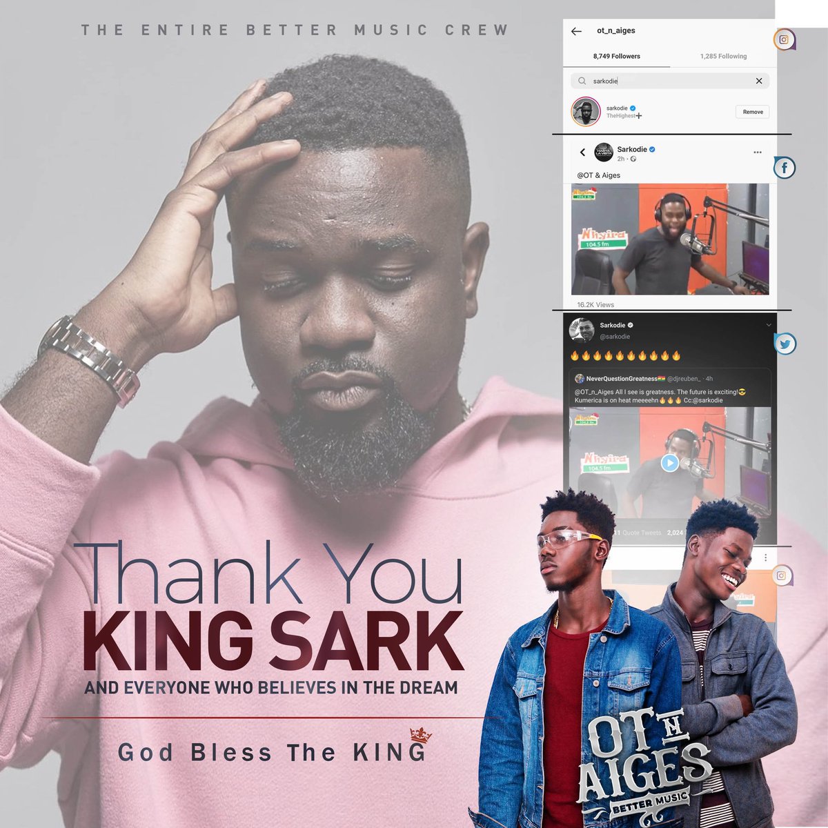 KING Sark @Sarkodie we can't thank you enough. God bless the KING. 
Thank you @DjReuben_  for believing in us. 
Now let's go fill up the dream cuz it keeps haunting us. 
🥶🤫💥🚀🌍🙌🏾
#BetterMusic #OTnAiges #Rap #Medikal #rappers #Music #HipHop #AfroBeat #Africa #Music #TeamSark