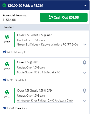 3/3 on the weekend long boy!

Next game at 14:30 

Green Buffaloes v Kabwe Warriors FC ✔️
Nzoia Sugar FC 2 v 1 Sofapaka FC ✔️
Al-Khaleej Khor Fakkan 2 v 0 Al-Jazira Club ✔️