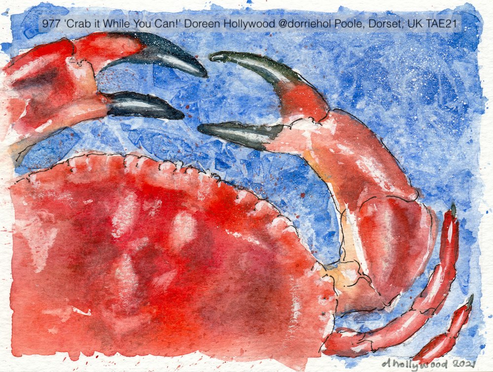 PAEartforacause's tweet photo. From beautiful Dorset! .... 'Crab it While You Can!' by artist Doreen Hollywood @dorriehol from Poole.

Thank you Doreen for this gorgeous watercolour for our #TAE21 art fundraiser for @L_I_N_C in Cheltenham.

#WatercolourArt #DorsetArtist #Leukaemia #Artfundraiser https://t.co/v8bk1p164C