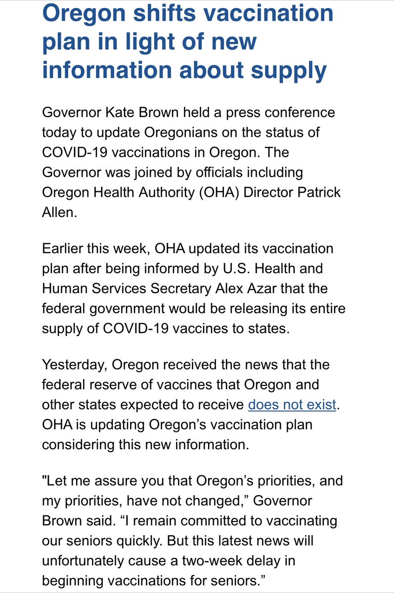 16. Actually one more thing, which was the impetus for me waking up on a Saturday AM & feeling like I HAD to write a 16-tweet thread:This miscommunication had real implications for people trying to get vaccines. Oregon now says seniors will have to wait 2 more weeks: