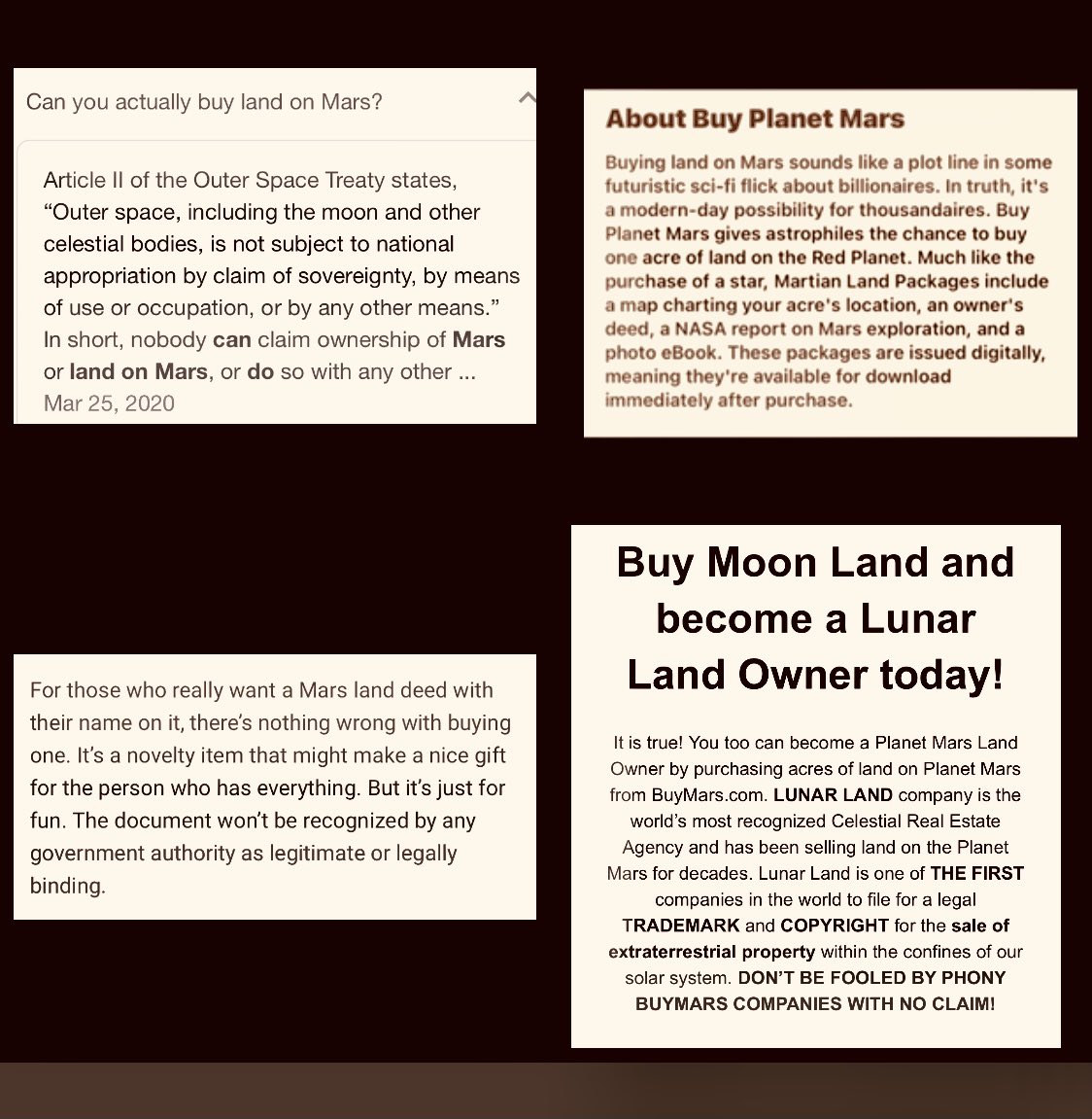 TodaysNew's tweet photo. Who wants to buy a bridge? Well not that, but how about Mars? Buy Moon Land and become a Lunar Land Owner today!
It is true! You too can become a Planet Mars Land Owner by purchasing acres of land on Planet Mars from https://t.co/oBNXHVcOZd. #YouKiddingMe #BridgeForSale https://t.co/EDJ1801brV