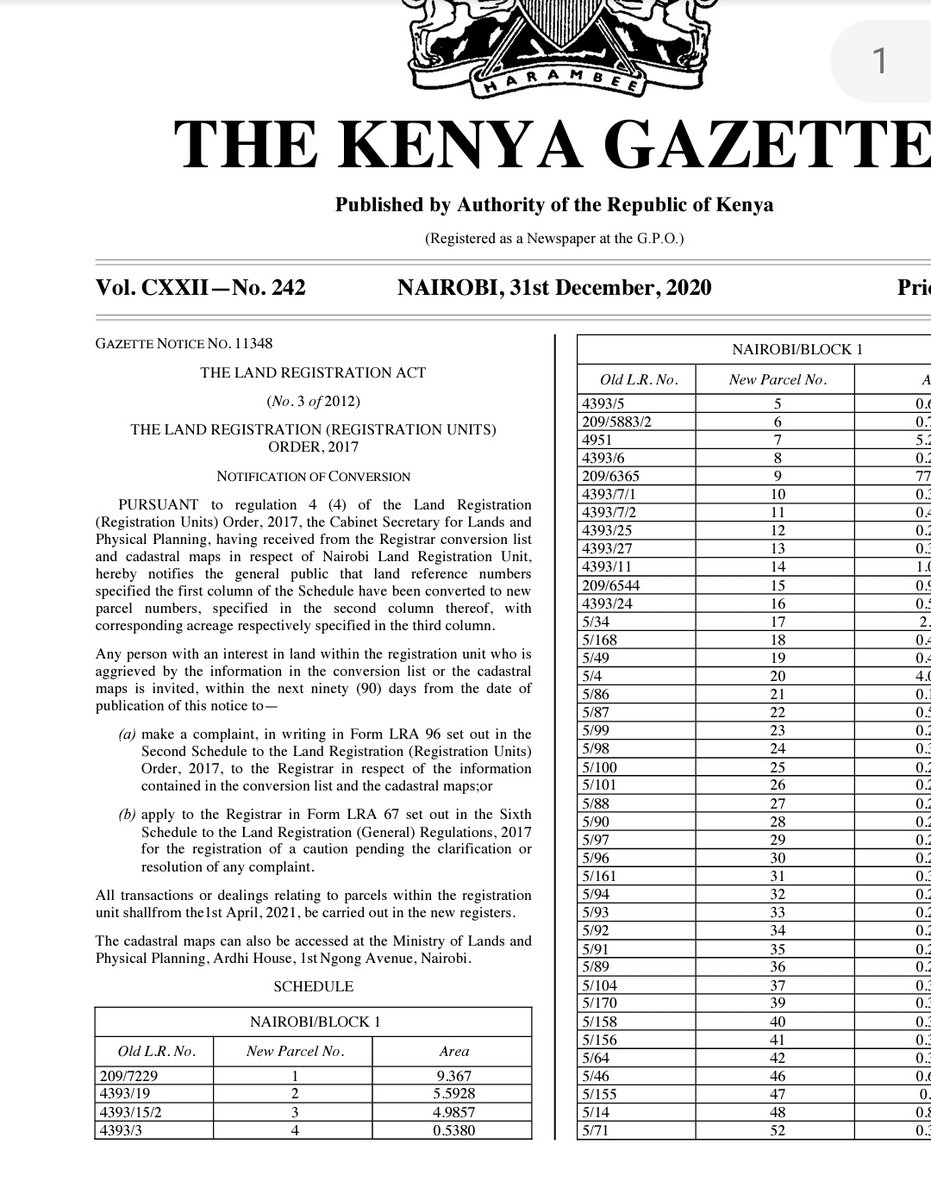 ProfOjiendaTom's tweet photo. Gazette Notice No. 220 of 31st December 2020 gives Nairobi Land owners only 90 days to confirm the correctness of the new entries under a new registration system. Herein lies the mischief. https://t.co/3e8G1s63jk