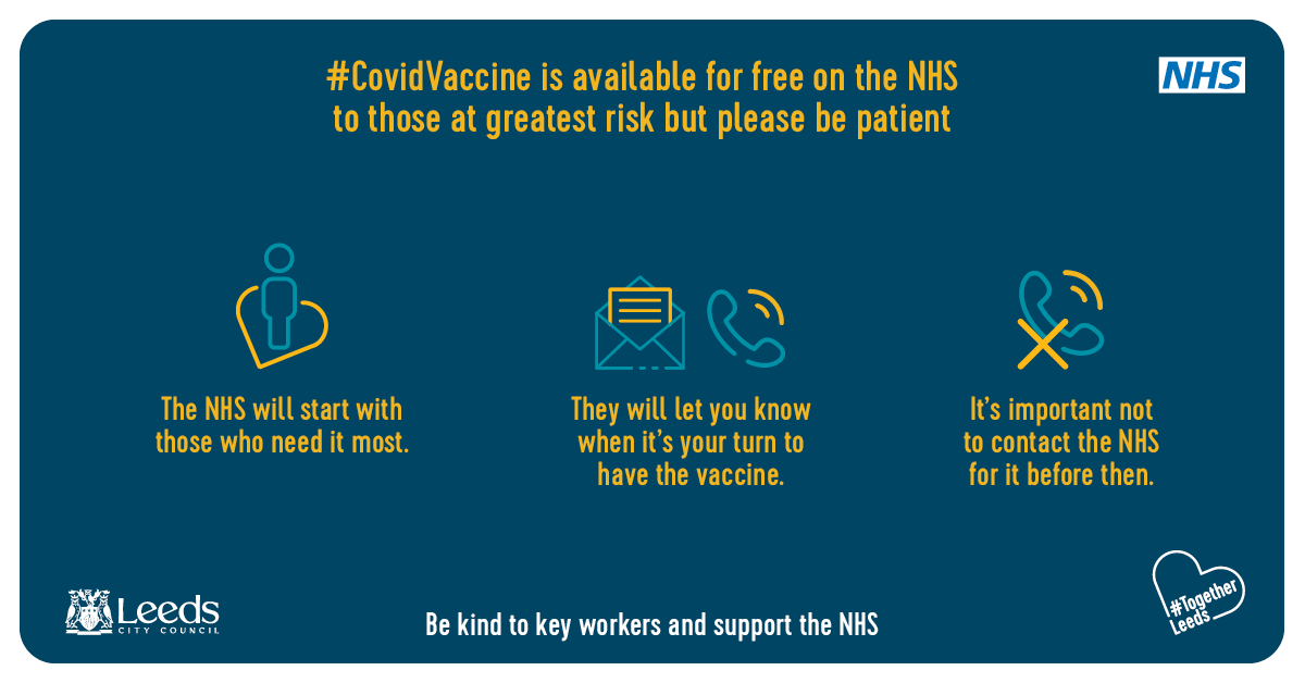 LeedsCC_News's tweet photo. The Covid-19 vaccine roll-out has started for people who are most at risk from coronavirus, before being offered more widely. The NHS will let you know when it's your turn, so please do not get in contact before then. Find out more: https://t.co/LgPpyicyCk https://t.co/mWey6LehOH