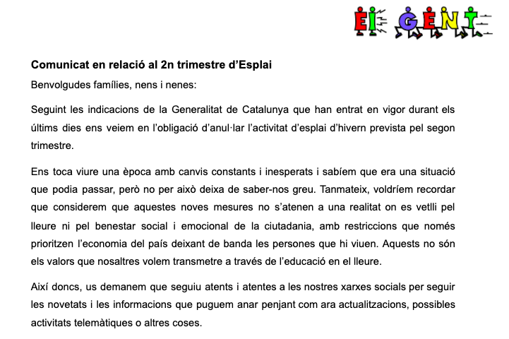 ei_gent's tweet photo. COMUNICAT RESPECTE AL 2N TRIMESTRE D'ESPLAI
Bona tarda famílies, us deixem el comunicat que hem redactat sobre l'esplai aquest 2n trimestre i sobre els diners de les inscripcions del primer trimestre.

Per qualsevol dubte/suggeriment estem a la vostra disposició!

Moltes gràcies! https://t.co/K3L1D1u0uz