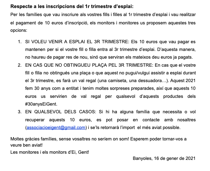 ei_gent's tweet photo. COMUNICAT RESPECTE AL 2N TRIMESTRE D'ESPLAI
Bona tarda famílies, us deixem el comunicat que hem redactat sobre l'esplai aquest 2n trimestre i sobre els diners de les inscripcions del primer trimestre.

Per qualsevol dubte/suggeriment estem a la vostra disposició!

Moltes gràcies! https://t.co/K3L1D1u0uz