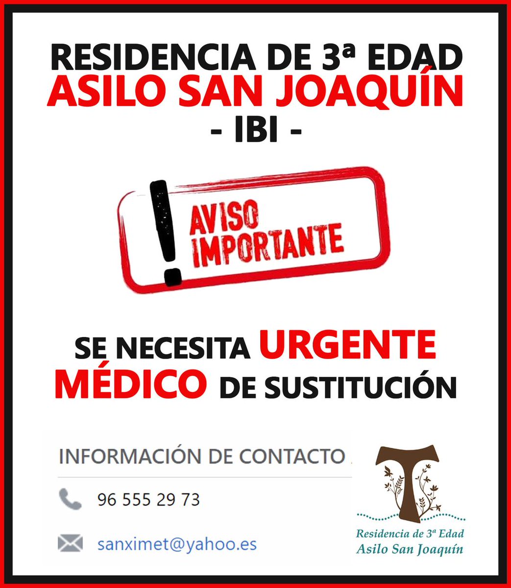ayuntamientoibi's tweet photo. ❗️🔴 La Residencia Asilo San Joaquín de Ibi necesita URGENTE:
🔘 MÉDICO SUSTITUTO.
T.  96 555 29 73
sanximet@yahoo.es
-----------------------------------
❗️🔴 La Residència "Asilo San Joaquín" d'Ibi necessita URGENT: 
🔘 MÈDIC SUBSTITUT.
T.  96 555 29 73
sanximet@yahoo.es https://t.co/7stUnewcjX