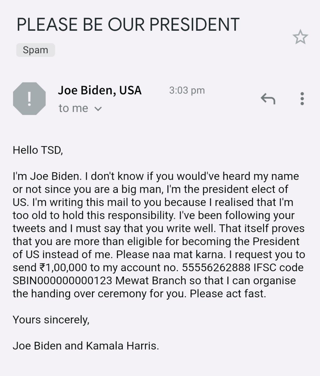 theskindoctor13's tweet photo. Just got a mail from US president elect @JoeBiden. I'm going to USA soon to take over presidency from him. Burn haters 🔥 https://t.co/Z1aL3kwnlq