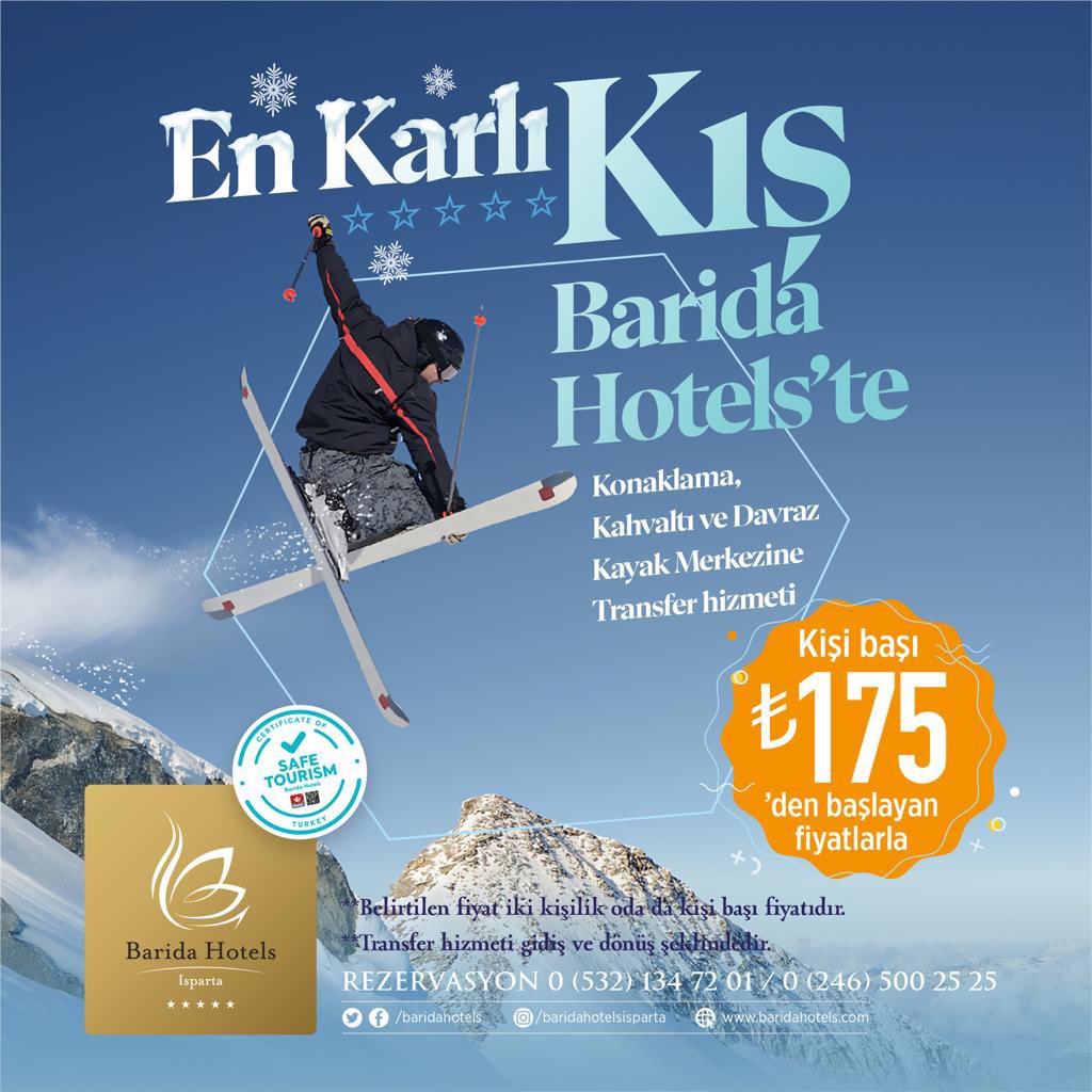 baridahotels's tweet photo. En karlı kış Barida Hotels’te. Hafta sonu konaklama, kahvaltı ve özel izin belgeli araçlarla Davraz Kayak Merkezi’ne transfer dahil kişi başı sadece 175 TL. 0246 500 25 25
#baridahotels #beşyıldızlıkayakkeyfi #kar #kış #kayak #davrazkayakmerkezi #konaklama #kayakkeyfi #snowboard https://t.co/xIqEXqWXrI