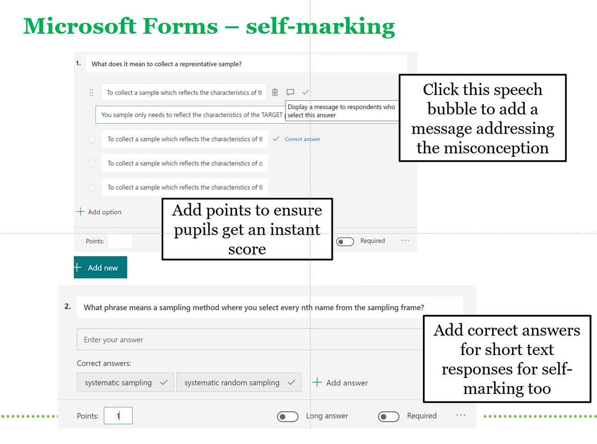 Some ideas for effective remote feedback of different types (THREAD). 1. Using MS Forms for self-marking quizzes and to respond immediately to misconceptions. I have found this most useful for Do Nows, or quick knowledge checks and students love the instant score they receive