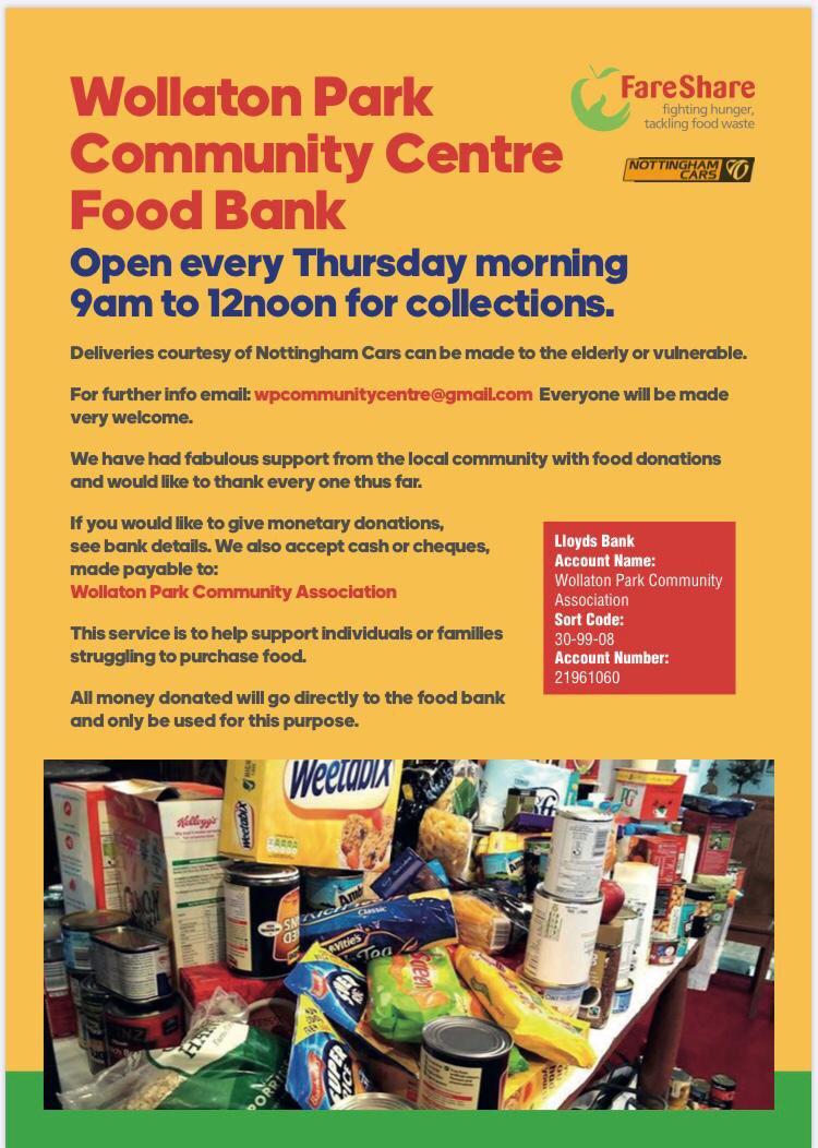 Wollaton Cllr message from @CllrWoodward @Khan4Wollaton &amp; myself. Please support this appeal if you can. We are pleased to have worked with the community centre to launch this foodbank but it needs to be sustained. Thank you.