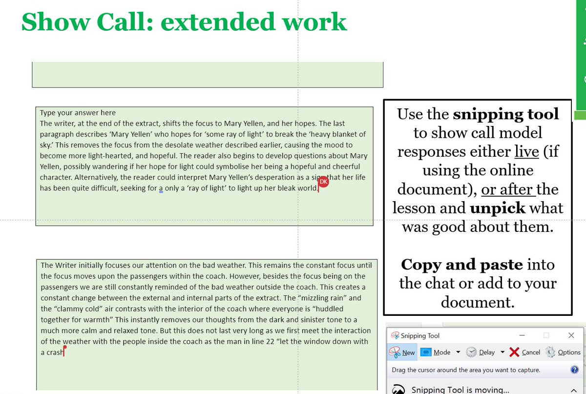 2. Using intentional monitoring and 'Show Call.' Set assignments on Teams and select 'students can edit their own copy.' 'Drop in' to documents during independent practice and use the snipping to tool to showcase models or address misconceptions