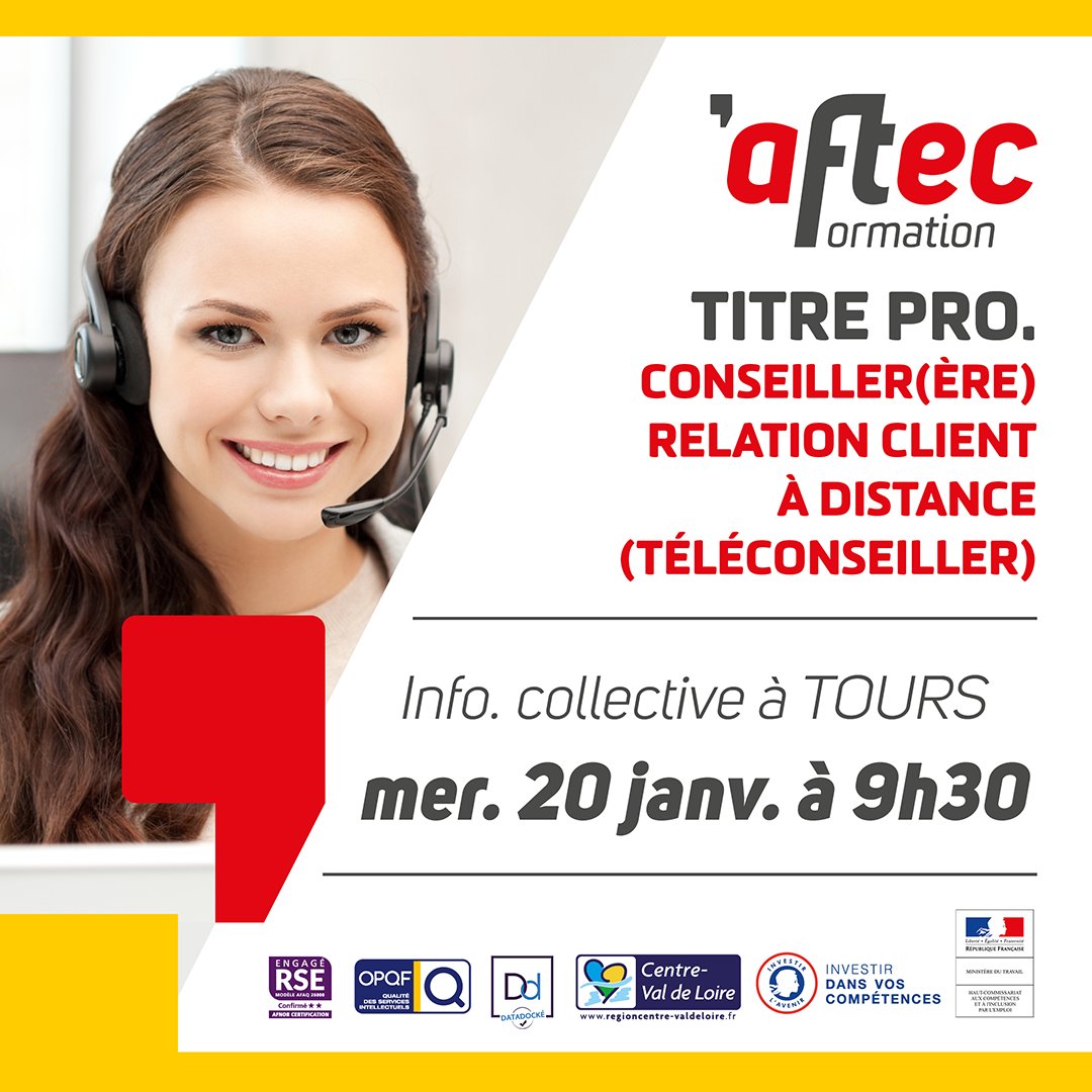 formationaftec's tweet photo. RAPPEL RÉUNION D'INFORMATION
TITRE PRO téléconseiller/ère.
AFTEC Tours, le 20/01 à 9h30
Inscription obligatoire.
Plus d'infos : https://t.co/hjWp4oGomi
#formationaftec #centrevaldeloire
#titrepro #formationpro #fromationprofessionnelle #tours #aftectours https://t.co/6qw3Ex7k75